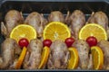 Fried quail in the orange with tomato and fresh parsley and spices Royalty Free Stock Photo