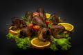 Fried quails on the orange with tomato and fresh parsley on the black background Royalty Free Stock Photo