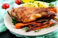 Fried rabbit leg, garnish of boiled potatoes, grilled carrots Royalty Free Stock Photo