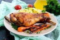 Fried rabbit leg, garnish of boiled potatoes, grilled carrots - on a plate Royalty Free Stock Photo
