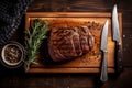 fried red background grill steak dark food beef meat raw sirloin. Generative AI.