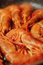 Fried red shrimps with hot oil on pan Royalty Free Stock Photo