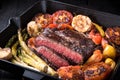 Fried rib eye steak in a cut in a cast iron pan with vegetables. Royalty Free Stock Photo
