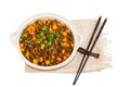 Fried rice broccoli carrot bean white table. Royalty Free Stock Photo