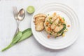 Fried rice with chicken breast has vegetable in plate on white table Royalty Free Stock Photo