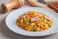 Fried rice chicken with egg and vegetables on white plate Royalty Free Stock Photo