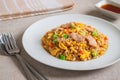 Fried rice chicken with egg and vegetables on white plate Royalty Free Stock Photo