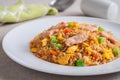 Fried rice chicken with egg and vegetables on white plate Royalty Free Stock Photo