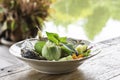 Fried rice with chili spicy with fish and vegetables in white plate on wooden table. Background rivers and trees