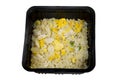 Fried rice with crab in box on white background with clipping path  Frozen food  At home. Royalty Free Stock Photo