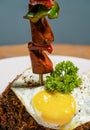 Fried rice with fried egg and pork skewer on white plate Royalty Free Stock Photo