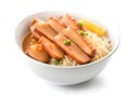 fried rice with pork and vegetables on white plate, isolated on white background Royalty Free Stock Photo