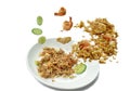 Fried rice shrimp and squid with slice cucumber floating on plate Royalty Free Stock Photo