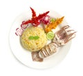 Fried rice with squid  decorate with vegetables chili carved Royalty Free Stock Photo