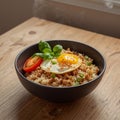 Fried rice topped with a sunny-side-up egg and some tomatoes on a wooden table. Royalty Free Stock Photo