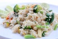 Fried rice with vegetable on the white plate with withe background. Vegetarian Food, healthy food, Thai cuisine