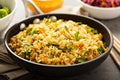 Fried rice with vegetables and steamed broccoli