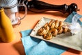 fried roasted shrimps in plate with lemon greens parsley garlic Royalty Free Stock Photo