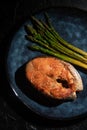 Fried salmon fillet with green asparagus on a dark background. Royalty Free Stock Photo