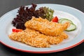 Fried salmon fillet with vegetables salad on black plate on dark background. Royalty Free Stock Photo