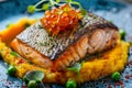 Fried Salmon Steak, Cooked Red Fish, Trout Fillet with Pumpkin Puree and Green Pea Mash Royalty Free Stock Photo