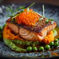 Fried Salmon Steak, Cooked Red Fish, Trout Fillet with Pumpkin Puree and Green Pea Mash Royalty Free Stock Photo