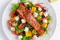 Fried Salmon steak with fresh vegetables salad, feta cheese. concept healthy food. Royalty Free Stock Photo