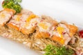 Fried salmon top with cream salad sauce