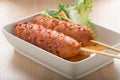 Fried sausage a grill on a stick in sauce on white dish, food in Royalty Free Stock Photo