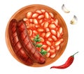 Fried sausages with beans in tomato sauce in a ceramic bowl Royalty Free Stock Photo