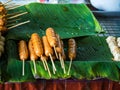 Fried sausages and fried meatballs from pork, fish, chicken, bee Royalty Free Stock Photo