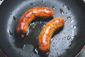 Fried sausages on the pan. Unhealthy breakfast. English and German style cuisine