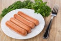 Fried sausages in white plate, parsley and dill, fork