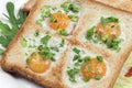 Fried scrambled quail eggs in bread with fresh vegetables on a white plate. Creative breakfast, closeup