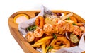 fried seafood plate on wooden tray Royalty Free Stock Photo
