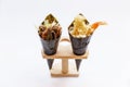 Fried Shirauo and Tempura California or Temaki Sushi Hand Roll on Wood Stand Royalty Free Stock Photo