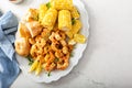 Fried shrimp and corn on the cob Royalty Free Stock Photo