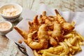 Fried Shrimp with french fries and mayo dip sauce served in dish isolated on table top view of arabic food Royalty Free Stock Photo