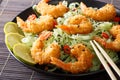 Fried shrimp with green pasta, chili, lime and sesame close-up o Royalty Free Stock Photo