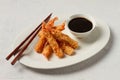 Fried shrimp, peeled in tempura, soy sauce, close-up, Royalty Free Stock Photo