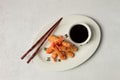 Fried shrimp, peeled in tempura, soy sauce, close-up, Royalty Free Stock Photo