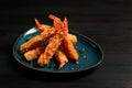 Fried shrimp, peeled in tempura, soy sauce, close-up, Royalty Free Stock Photo