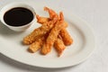 Fried shrimp, peeled in tempura, soy sauce, close-up, Royalty Free Stock Photo