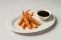 Fried shrimp, peeled in tempura, soy sauce, close-up, Royalty Free Stock Photo