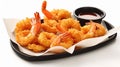 Fried shrimp on a platter with hot sauce on white background. Generative AI Royalty Free Stock Photo