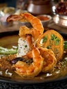 Fried shrimp with rice on plate in restaurant Royalty Free Stock Photo