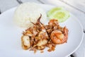 Fried shrimp squid fish with rice on white plate - Garlic Fried Seafood