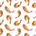 Fried shrimp, tempura of different shapes on a white background. Watercolor illustration. Seamless pattern from the Royalty Free Stock Photo