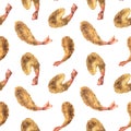 Fried shrimp, tempura of different shapes on a white background. Watercolor illustration. Seamless pattern from the Royalty Free Stock Photo