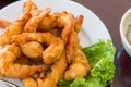 Fried shrimp and vegetable on plate,fried prawn on dish wooden table Royalty Free Stock Photo